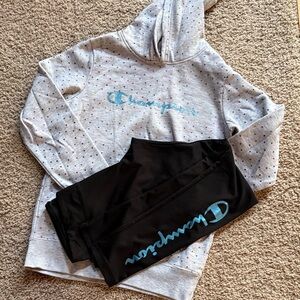 Champion Hoodie & Leggings Set in Heather Gray and Black with Blue Logo